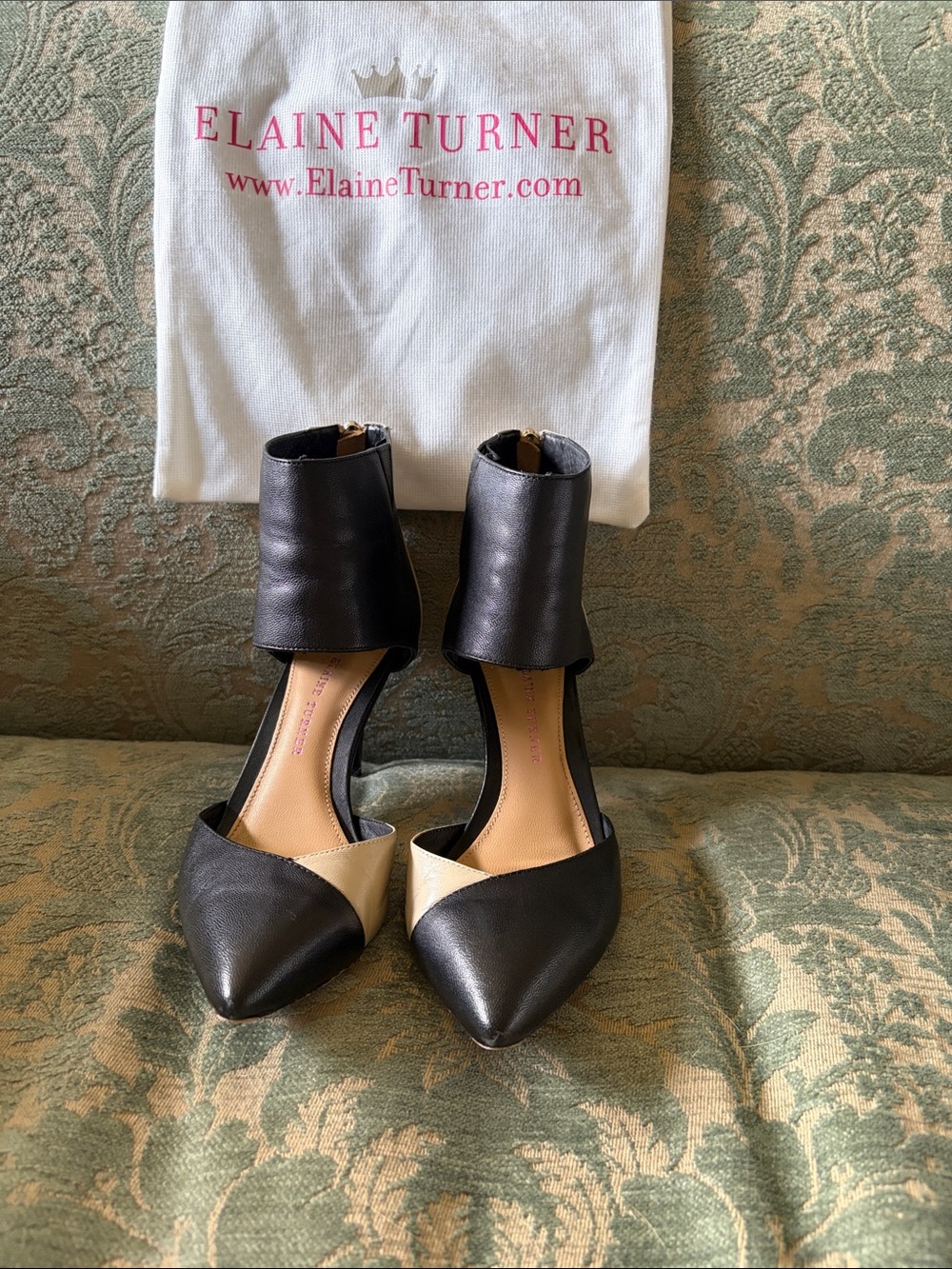 Elaine Turner Black and Cream D'Orsay Pointed-Toe Ankle-Cuff Heels
